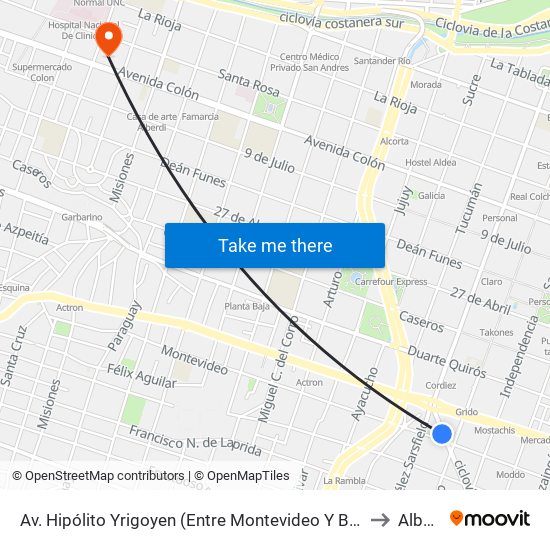 Av. Hipólito Yrigoyen (Entre Montevideo Y Bv. San Juan) to Alberdi map
