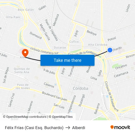 Félix Frías (Casi Esq. Buchardo) to Alberdi map