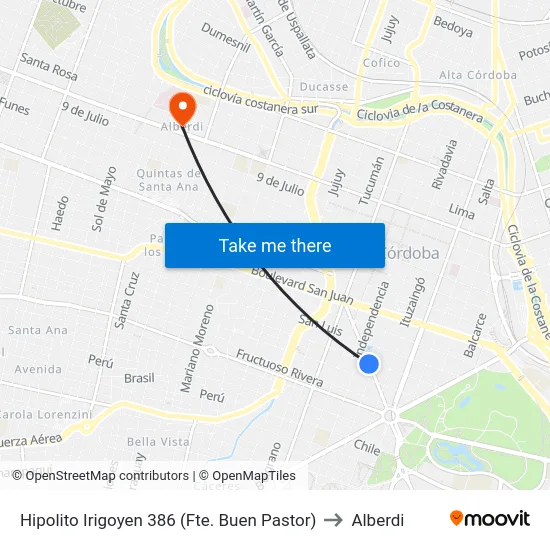 Hipolito Irigoyen 386 (Fte. Buen Pastor) to Alberdi map