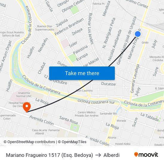 Mariano Fragueiro 1517 (Esq. Bedoya) to Alberdi map
