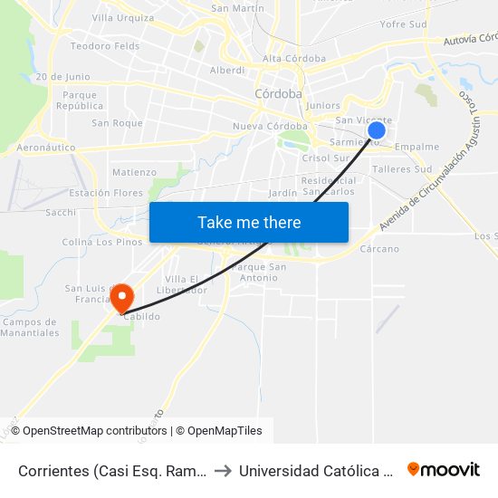 Corrientes (Casi Esq. Ramón Ocampo) to Universidad Católica De Córdoba map