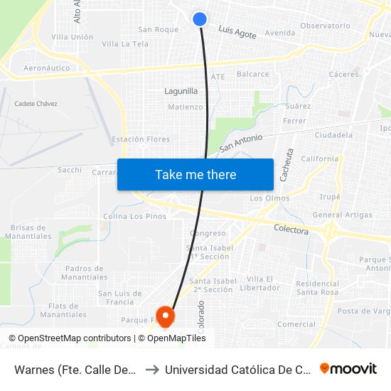 Warnes (Fte. Calle Descalzi) to Universidad Católica De Córdoba map