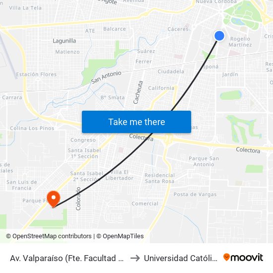 Av. Valparaíso (Fte. Facultad Ciencias Económicas) to Universidad Católica De Córdoba map