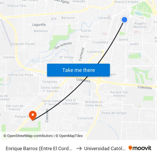 Enrique Barros (Entre El Cordobazo Y V. De Las Artes) to Universidad Católica De Córdoba map