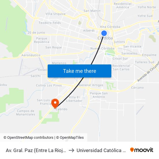 Av. Gral. Paz (Entre La Rioja Y H. Primo) to Universidad Católica De Córdoba map