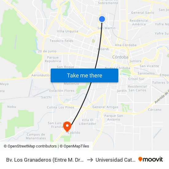 Bv. Los Granaderos (Entre M. Drobizhoffer Y Triunvirato/R. Lulio) to Universidad Católica De Córdoba map