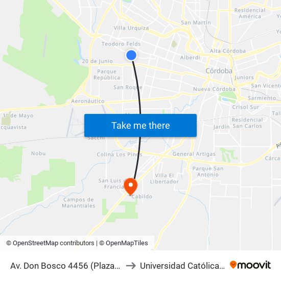 Av. Don Bosco 4456 (Plaza B° Las Palmas) to Universidad Católica De Córdoba map