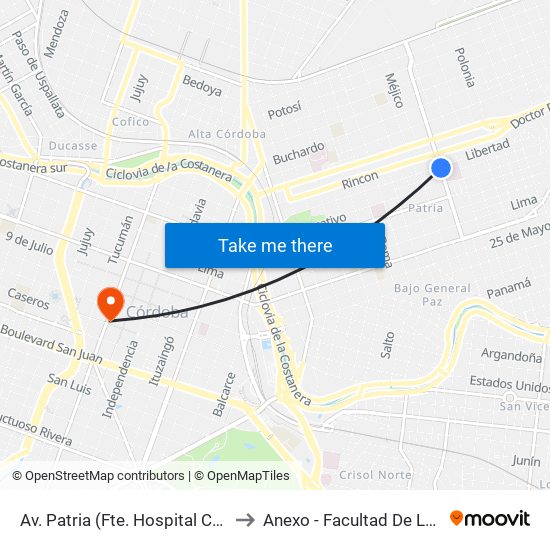 Av. Patria (Fte. Hospital Córdoba) to Anexo - Facultad De Lenguas map