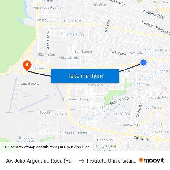 Av. Julio Argentino Roca (Fte. Rotonda Ala Delta) to Instituto Universitario Aeronautico map