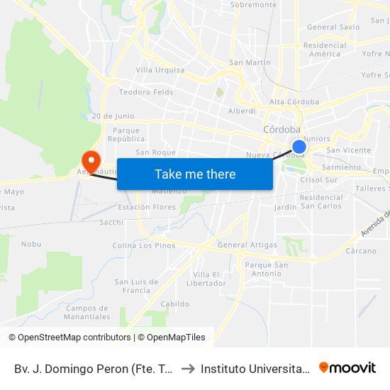 Bv. J. Domingo Peron (Fte. Terminal De Omnibus) to Instituto Universitario Aeronautico map