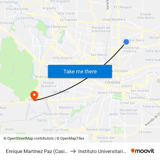 Enrique Martínez Paz (Casi Esq. Los Ticas) to Instituto Universitario Aeronautico map