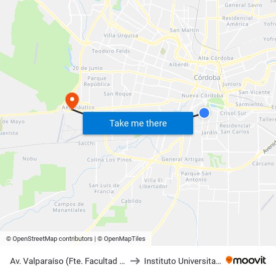 Av. Valparaíso (Fte. Facultad Ciencias Económicas) to Instituto Universitario Aeronautico map