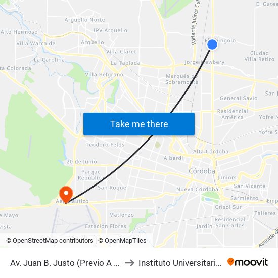Av. Juan B. Justo (Previo A Calle El Chingolo) to Instituto Universitario Aeronautico map