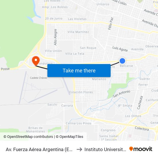 Av. Fuerza Aérea Argentina (Entre B. Lafore Y P. Lozano) to Instituto Universitario Aeronautico map