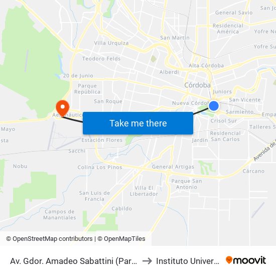 Av. Gdor. Amadeo Sabattini (Parada Solo Bús Desde El Centro N° 1) to Instituto Universitario Aeronautico map