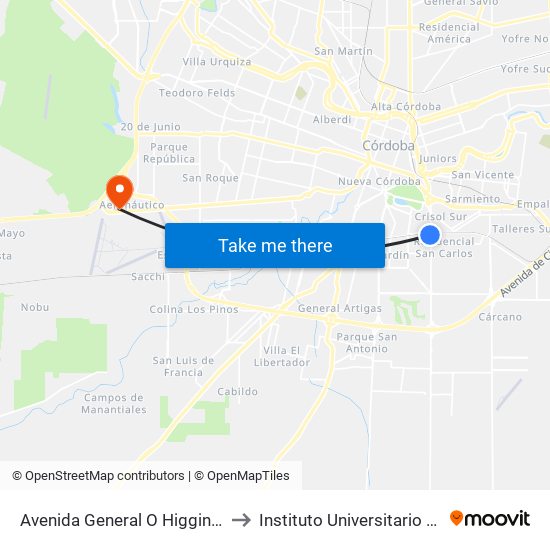 Avenida General O Higgins 2599-2650 to Instituto Universitario Aeronautico map