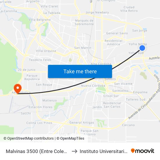 Malvinas 3500 (Entre Colectora Y Condarco) to Instituto Universitario Aeronautico map