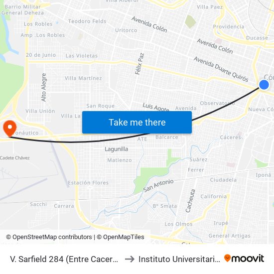 V. Sarfield 284 (Entre Caceros Y Duarte Quiroz) to Instituto Universitario Aeronautico map