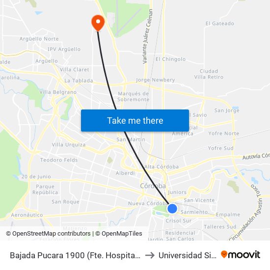 Bajada Pucara 1900 (Fte. Hospital San Roque) to Universidad Siglo 21 map