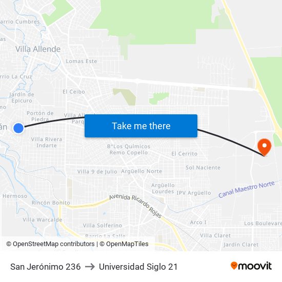 San Jerónimo 236 to Universidad Siglo 21 map