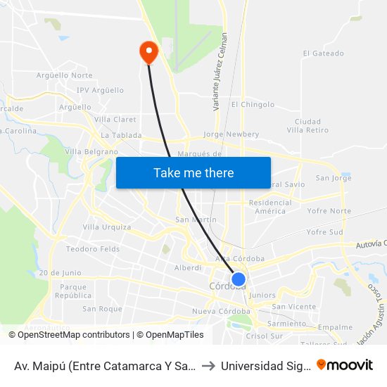 Av. Maipú (Entre Catamarca Y Sarmiento) to Universidad Siglo 21 map