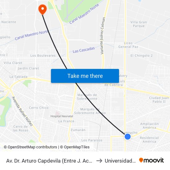 Av. Dr. Arturo Capdevila (Entre J. Acevey Y Av. J. B. Justo) to Universidad Siglo 21 map