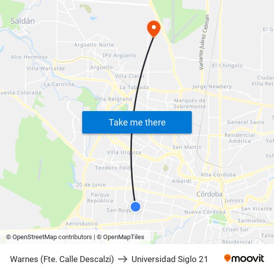 Warnes (Fte. Calle Descalzi) to Universidad Siglo 21 map