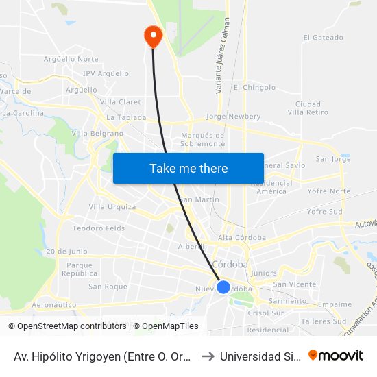 Av. Hipólito Yrigoyen (Entre O. Oro Y B. Aires) to Universidad Siglo 21 map