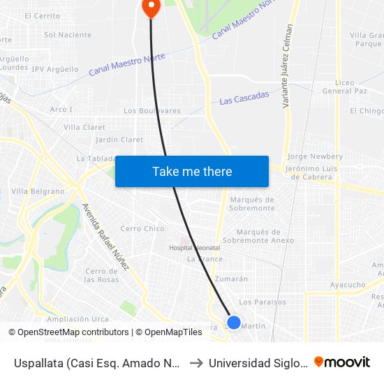 Uspallata (Casi Esq. Amado Nervo) to Universidad Siglo 21 map