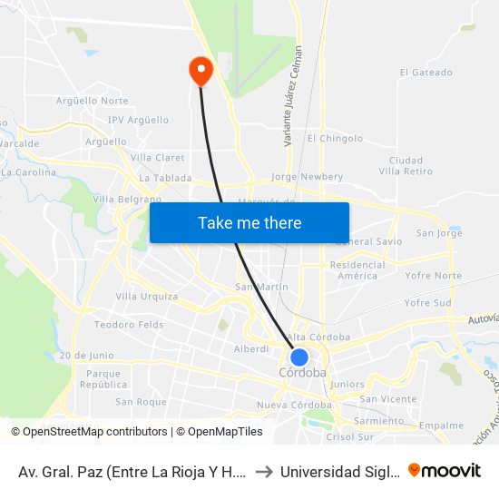 Av. Gral. Paz (Entre La Rioja Y H. Primo) to Universidad Siglo 21 map