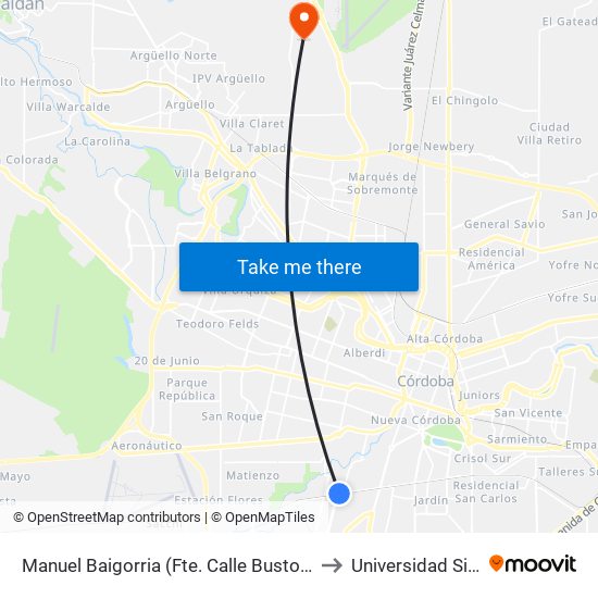 Manuel Baigorria (Fte. Calle Bustos Y Ferreyra) to Universidad Siglo 21 map