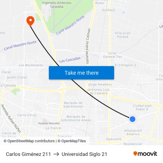 Carlos Giménez 211 to Universidad Siglo 21 map