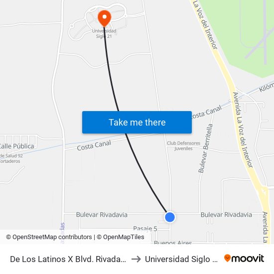 De Los Latinos X Blvd. Rivadavia to Universidad Siglo 21 map