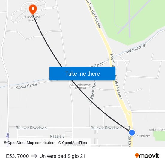 E53, 7000 to Universidad Siglo 21 map