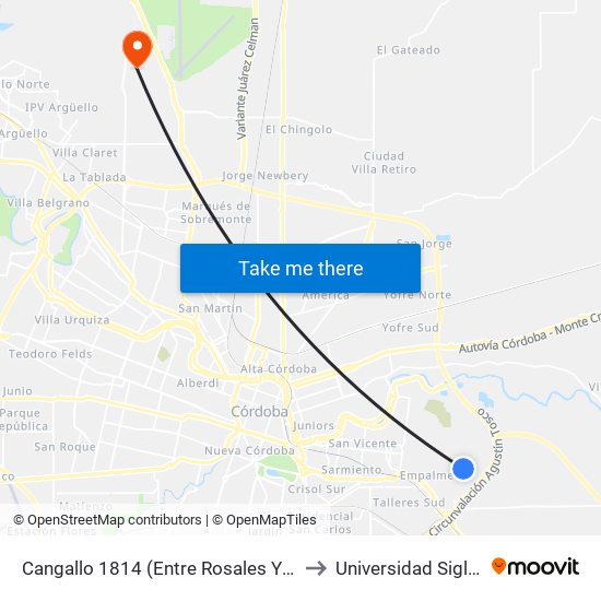 Cangallo 1814 (Entre Rosales Y Junin) to Universidad Siglo 21 map