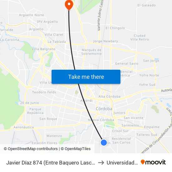 Javier Díaz 874 (Entre Baquero Lascano Y Nores Martinez) to Universidad Siglo 21 map