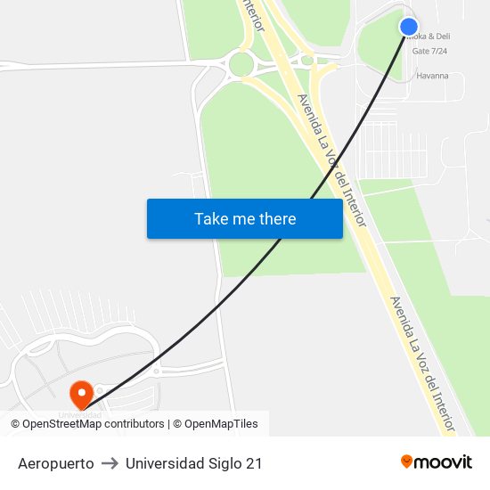 Aeropuerto to Universidad Siglo 21 map