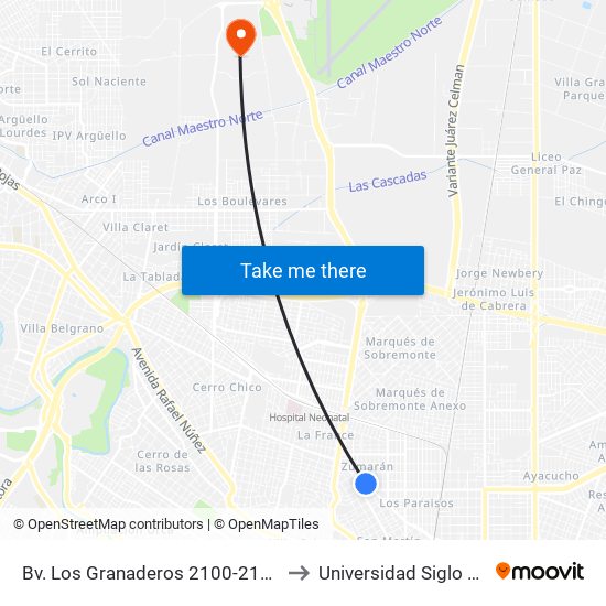 Bv. Los Granaderos 2100-2149 to Universidad Siglo 21 map