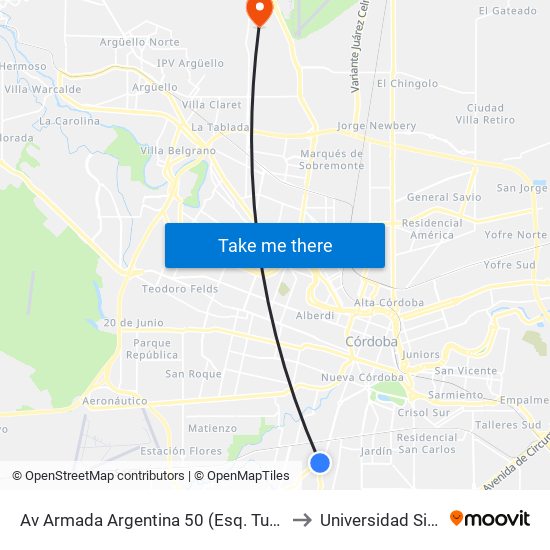 Av Armada Argentina 50 (Esq. Tupac Amaru) to Universidad Siglo 21 map