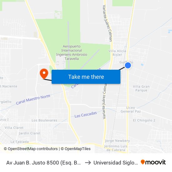 Av Juan B. Justo 8500 (Esq. Bordi) to Universidad Siglo 21 map