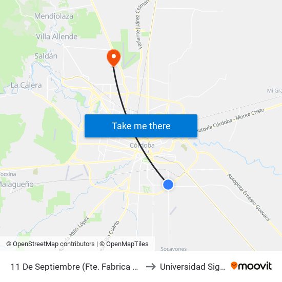 11 De Septiembre (Fte. Fabrica Montich) to Universidad Siglo 21 map