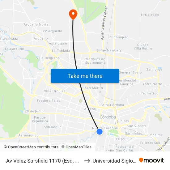 Av Velez Sarsfield 1170  (Esq. Peru) to Universidad Siglo 21 map
