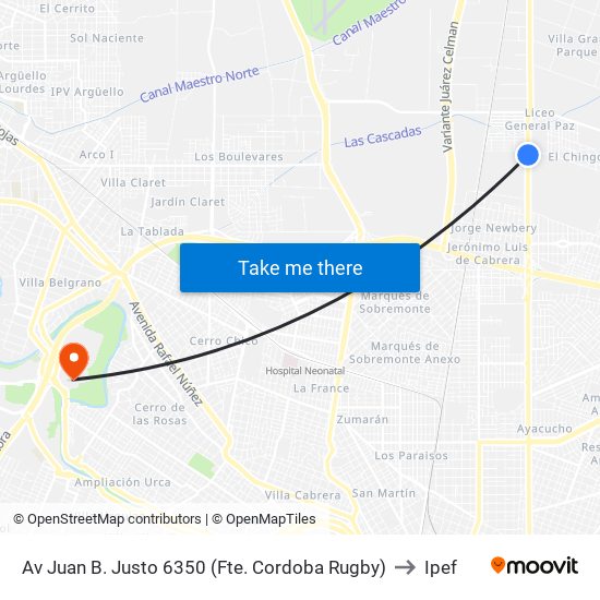 Av Juan B. Justo 6350 (Fte. Cordoba Rugby) to Ipef map