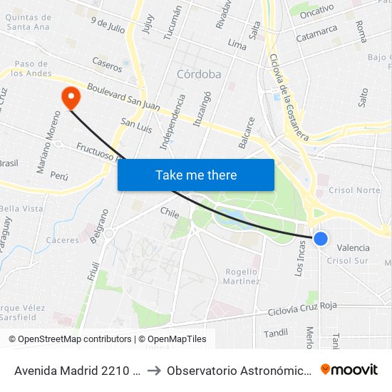 Avenida Madrid  2210 (Esq. La Coruña) to Observatorio Astronómico De Córdoba - Unc map