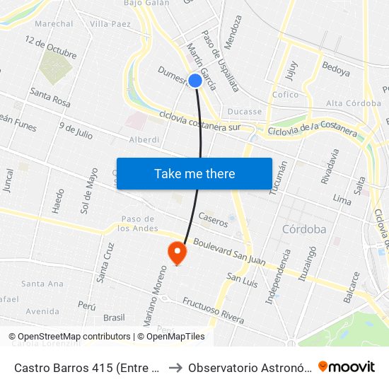 Castro Barros 415 (Entre Santa Fe Y Agustin Olmedo) to Observatorio Astronómico De Córdoba - Unc map