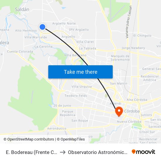 E. Bodereau (Frente Colegio León Xiii) to Observatorio Astronómico De Córdoba - Unc map