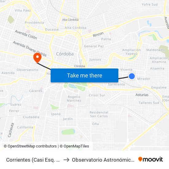 Corrientes (Casi Esq. Ramón Ocampo) to Observatorio Astronómico De Córdoba - Unc map