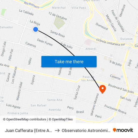 Juan Cafferata (Entre Av. Colón Y Sta. Rosa) to Observatorio Astronómico De Córdoba - Unc map