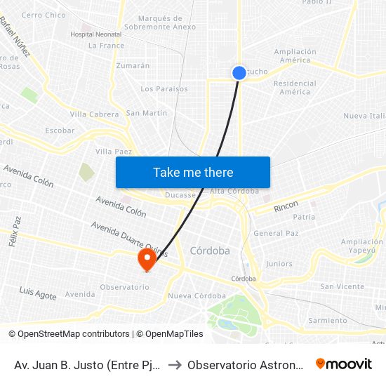 Av. Juan B. Justo (Entre Pje. A. Pacheco Y Anacreonte) to Observatorio Astronómico De Córdoba - Unc map