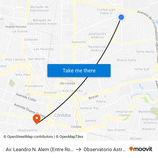 Av. Leandro N. Alem (Entre Rotonda Av. Rancagua & M. Jordán Y Cesio to Observatorio Astronómico De Córdoba - Unc map